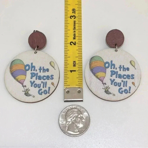 Oh, The Places You’ll Go! Teacher Reading Librarian Die Cut Wood Earrings New - Picture 3 of 3